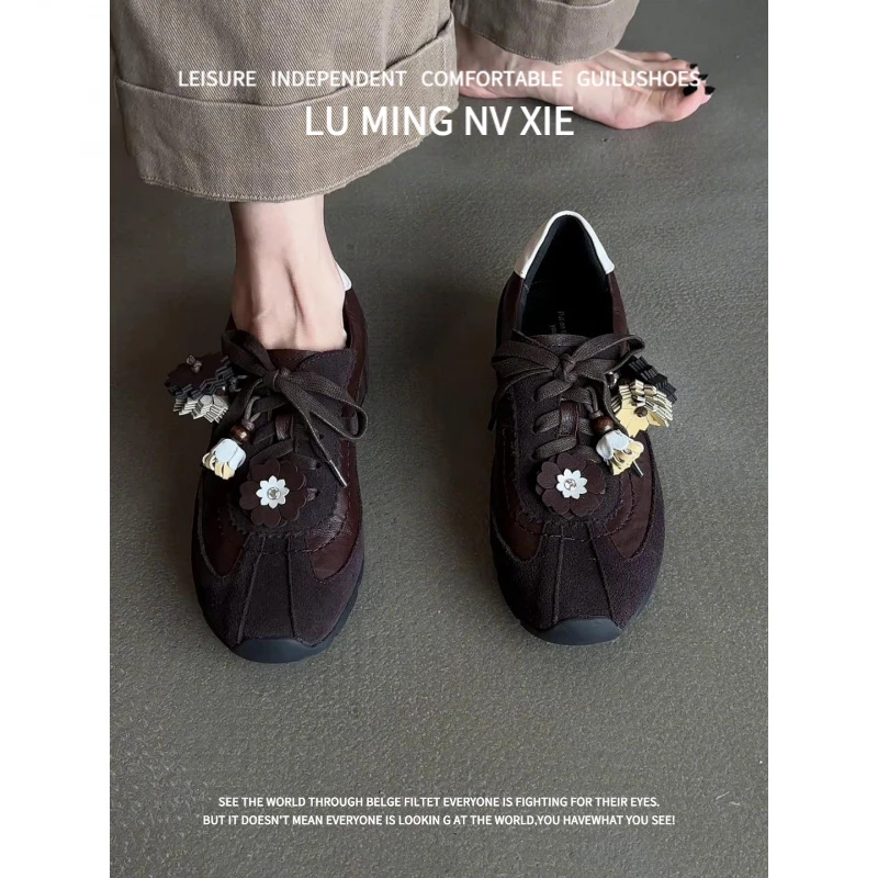 羊皮版！2025新款覆古风圆头系带平底百搭舒适软底休闲德训鞋女