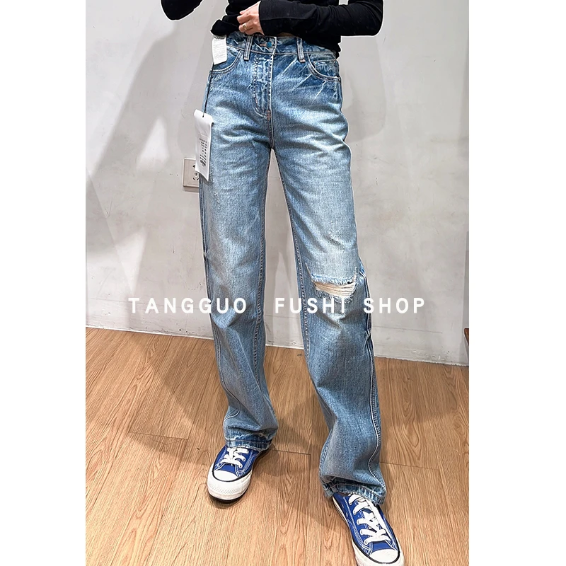 【福利】无弹窄版直筒裤『破洞』水洗牛仔裤显瘦长裤51685