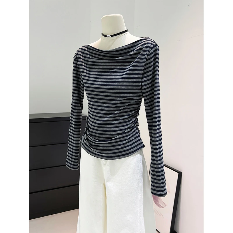 韩式慵懒一字肩条纹款长袖t恤女秋季松弛感修身Vintage风斜肩上衣
