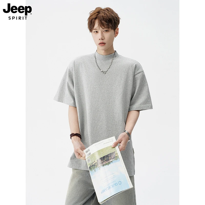Jeep吉普纯色半高领短袖t恤男夏新款美式宽松高级感百搭半袖体恤
