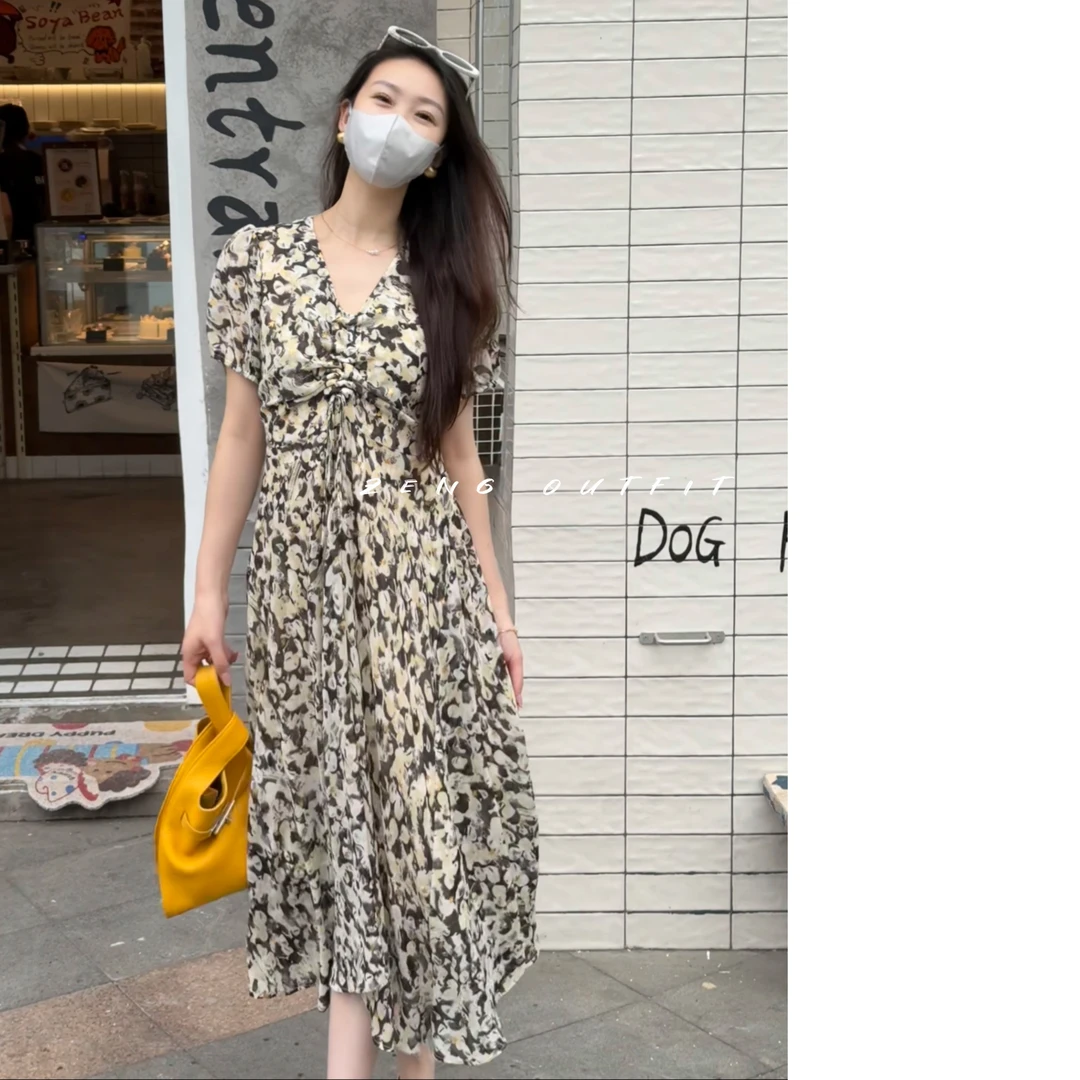 Georgette乔其纱印花裙系列2025女士前抽绳烫金大摆连衣裙32