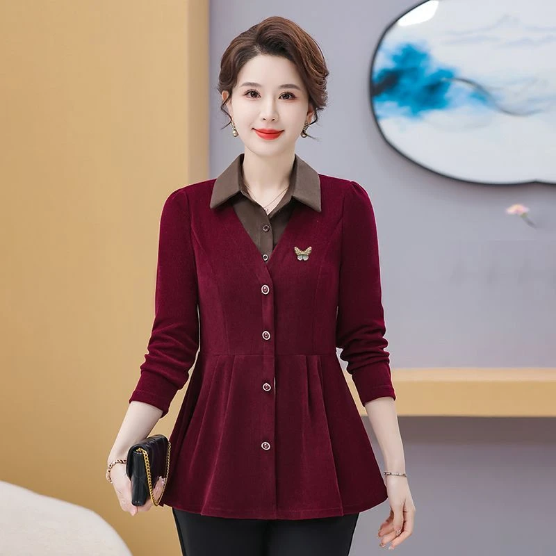 中老年女装妈妈装春秋装长袖T恤中年妇女翻领上衣秋衣洋气打底衫