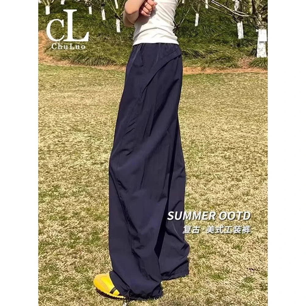 美式速干黑色降落伞兵工装冲锋裤子女夏季高腰阔腿直筒休闲运动裤