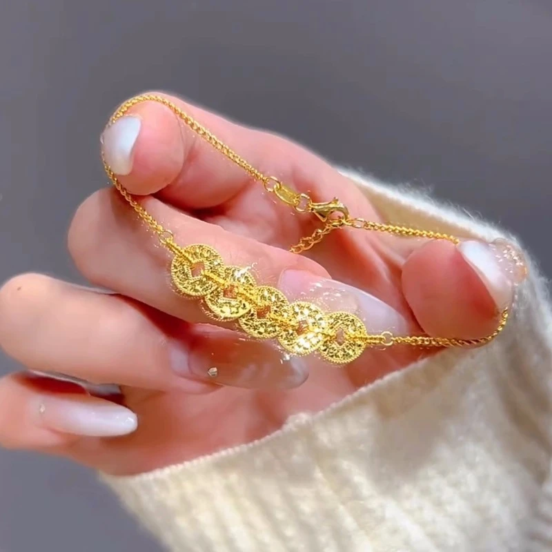 铜合金手链 新中式超闪碎冰冰五帝币手链女款气质时尚百搭精致ins