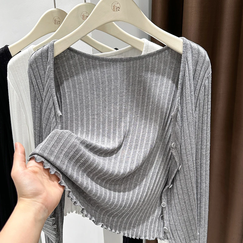 短款灰色长袖配吊带裙外搭防晒针织开衫女2025夏季新款披肩小上衣