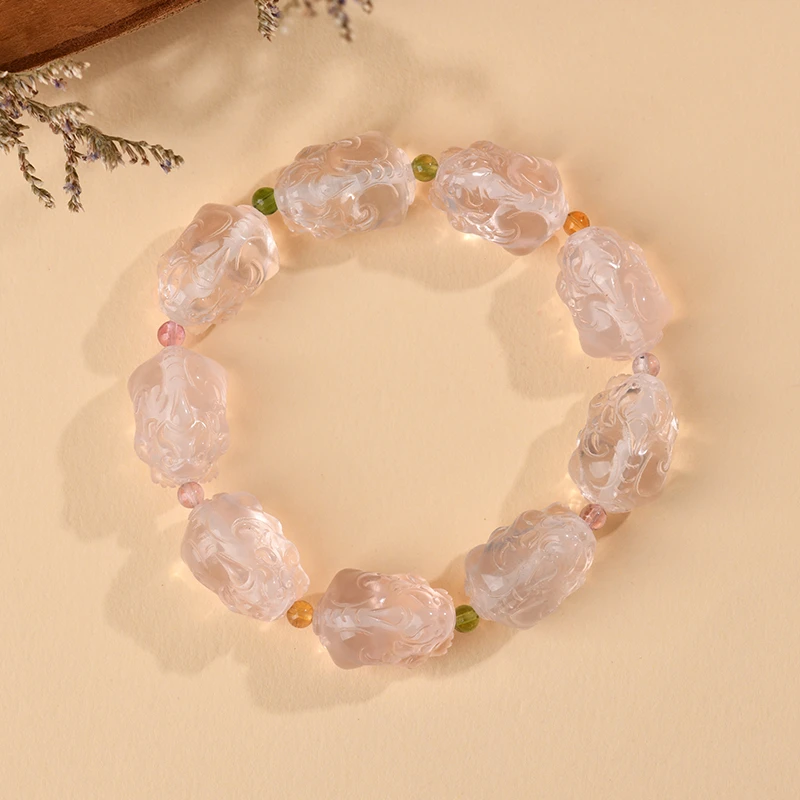 天然净体阿富汗蜜桃粉粉水晶貔貅手链，搭配高品质碧玺隔珠