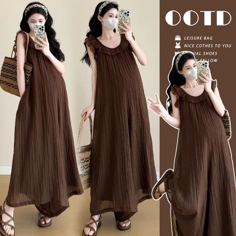 孕妇夏装韩版时尚洋气夏季新款孕妇装慵懒风荷叶边宽松连体裤潮妈