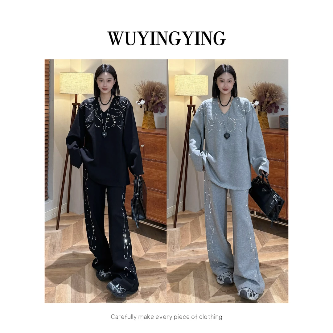 WUYINGYING【高智秀场】欧货早秋重磅烫钻V领设计上衣+裤子套装