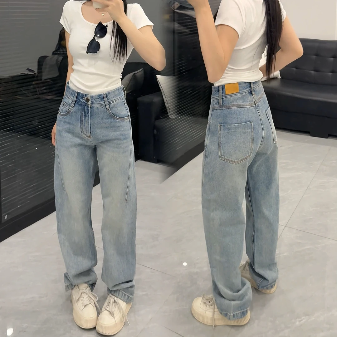 小鱼故事 春夏新款高腰弯刀直筒牛仔裤显瘦百搭设计感拖地裤女