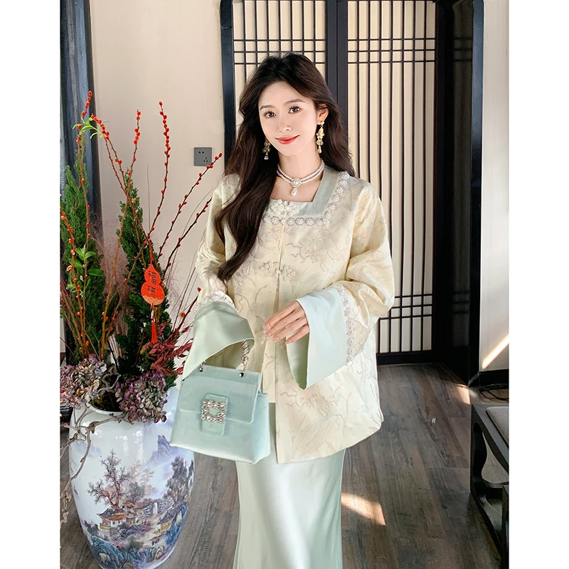 果果家 新中式复古提花老钱风女装2025春季刺绣设计师方领外套