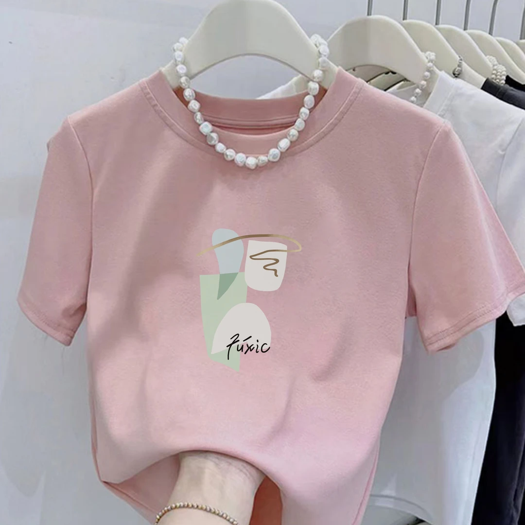 新款圆领绿色色块Fuxic印花纯棉短袖小个子女修身显瘦百搭上衣