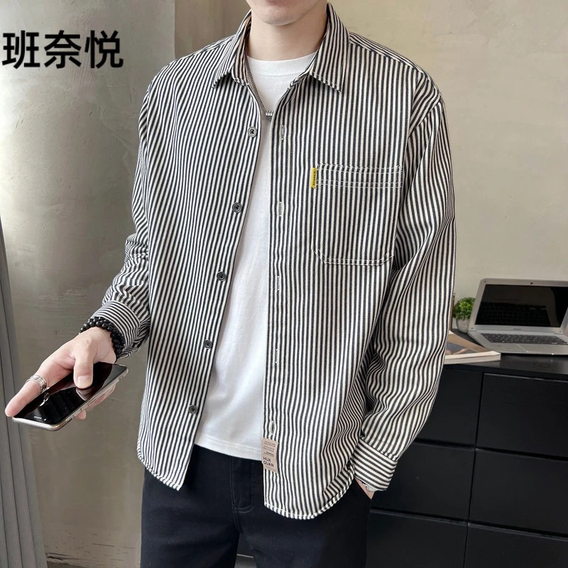 2025春季新款英伦潮流条纹衬衫男休闲长袖薄款外套青年上衣男春秋