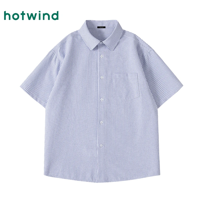 Hotwind/热风蓝白条纹衬衫男夏季休闲牛津纺上衣翻领短袖衬衣男款