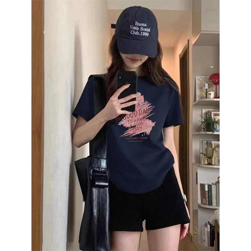 2025新款正肩圆领短袖T恤女夏季时尚百搭洋气减龄印花上衣打底衫