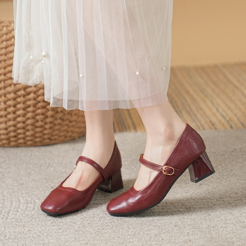 真皮玛丽珍单鞋粗跟复古皮鞋气质时尚法式简约软皮一字带中跟方头