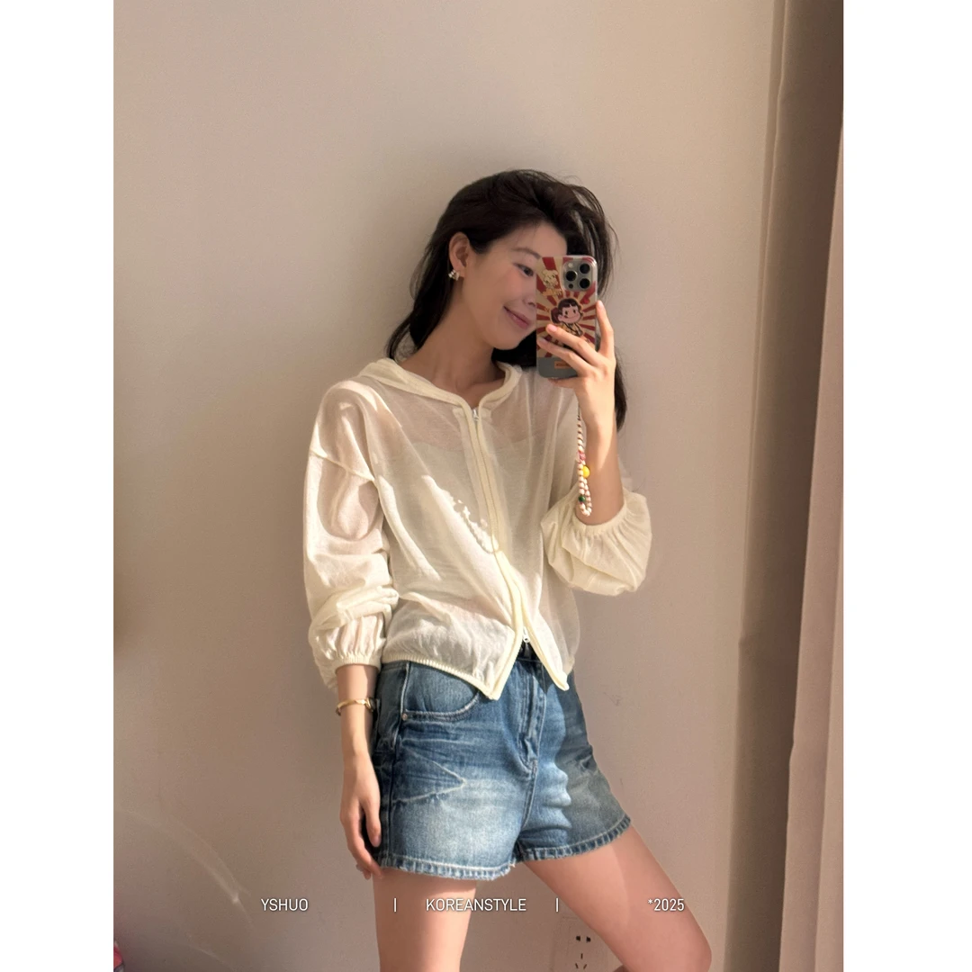 YSHUO【樱花初恋】韩系时尚简约连帽针织开衫防晒拉链纯色上衣25126