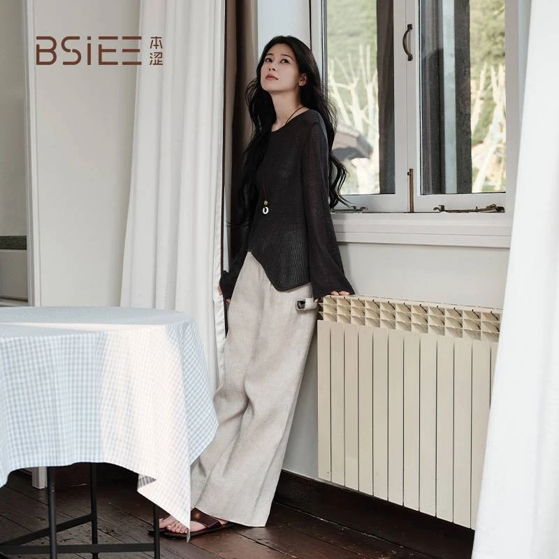 BSiEE本涩赵昭仪明星同款本色宽边麻裤