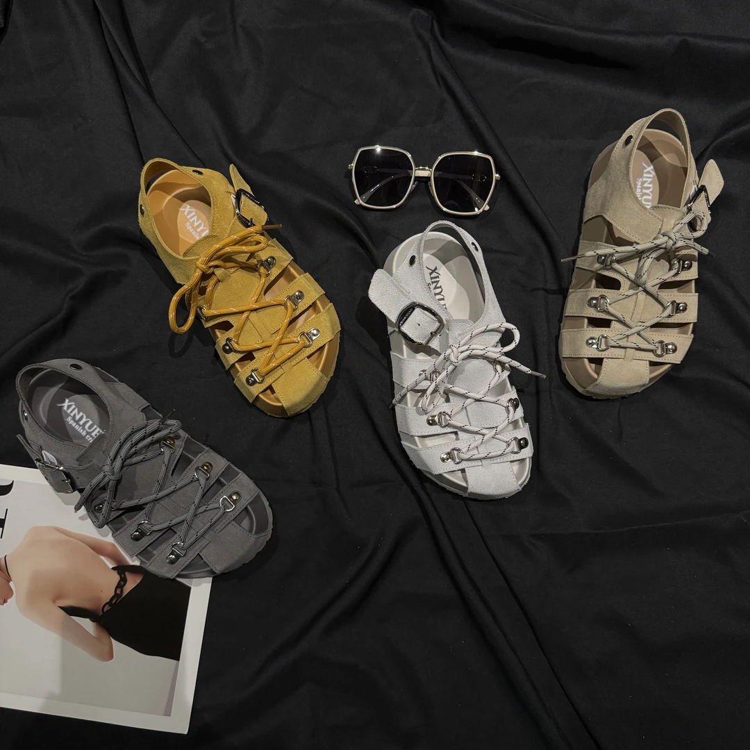 欧货磨砂牛皮夏季罗马凉鞋时尚百搭休闲绑带休闲沙滩凉鞋177-18