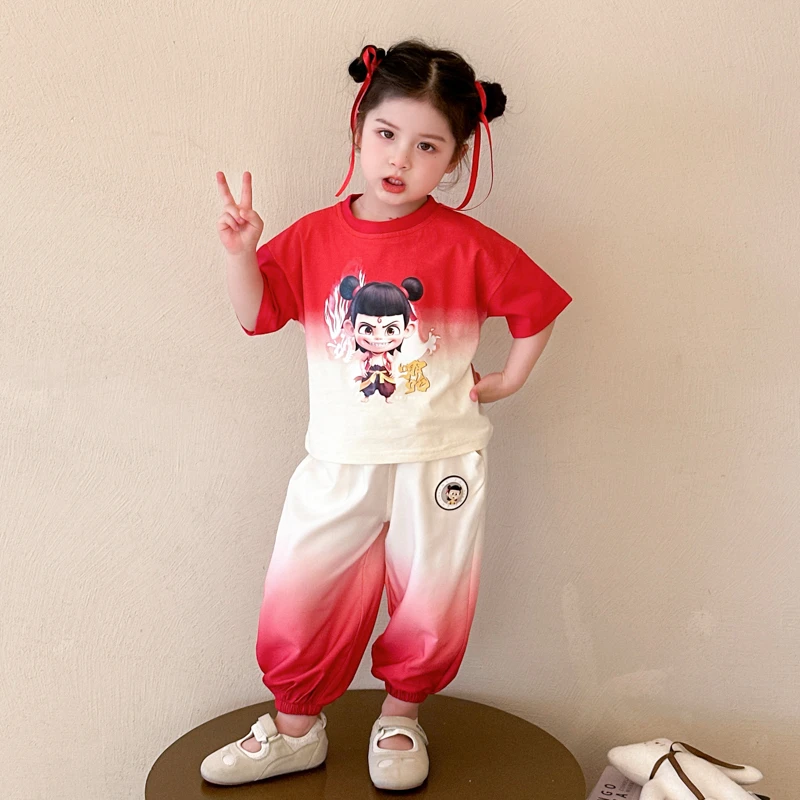 女童夏季哪吒短袖套装2025新款洋气运动两件套女宝休闲印花夏装潮