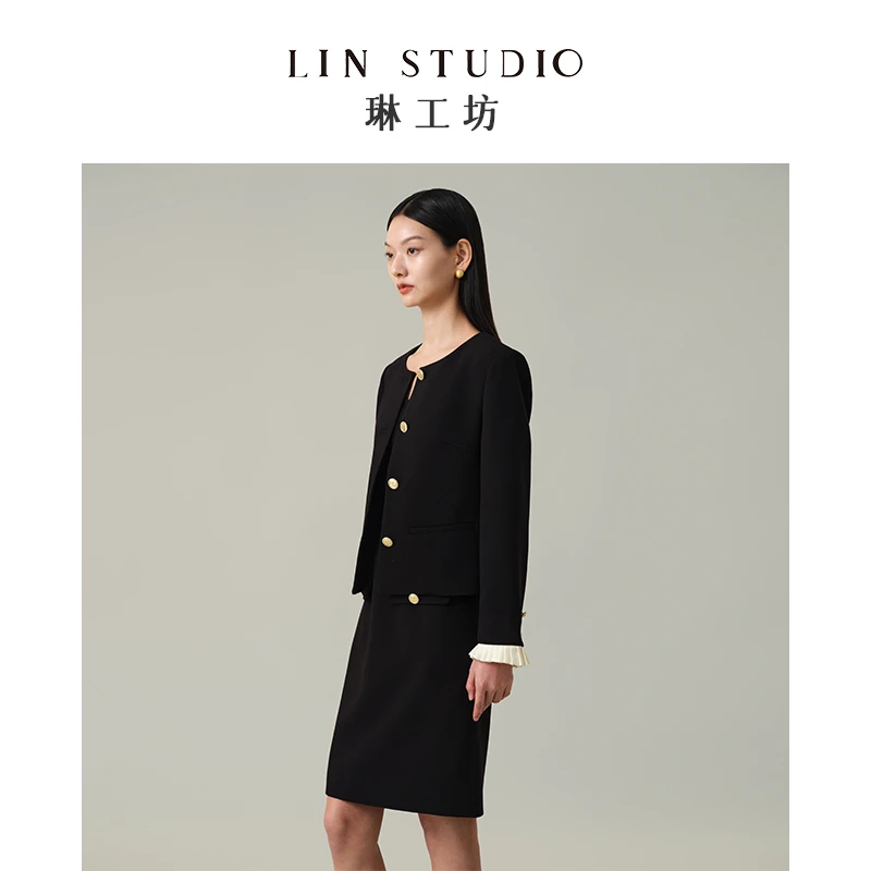 【外套 白色袖口可拆】琳工坊“雨燕”黑色外套气质优雅时尚唐琳设计