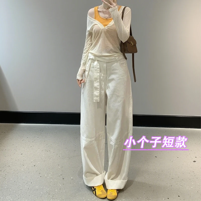 小个子牛仔夏季阔腿裤飘带设计高腰女长裤女士新款裤子水洗牛仔裤