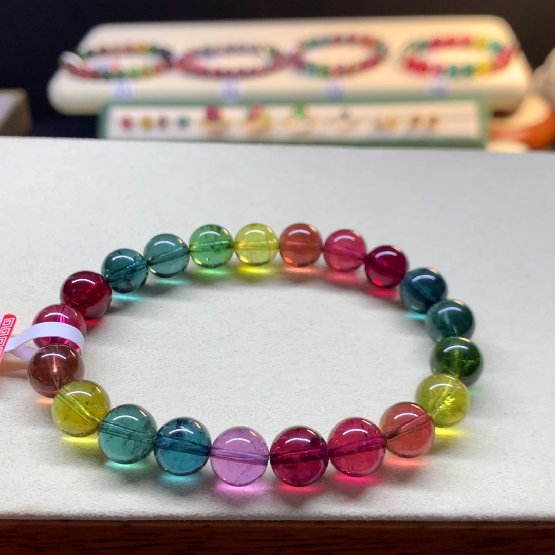 碧玺未镶嵌手串浓艳彩虹色标9.2mm