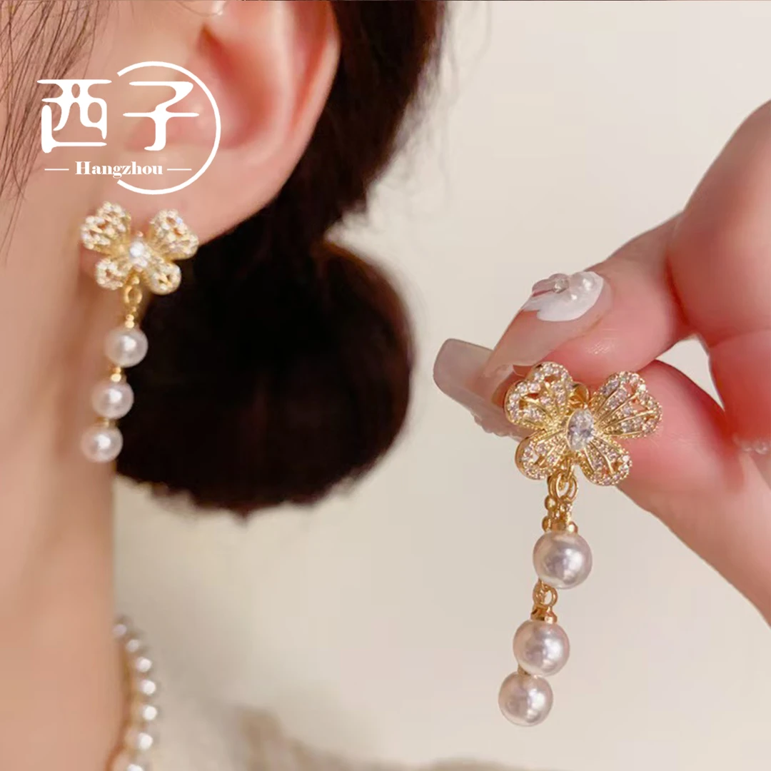 西子饰品镀18K金【法式蝴蝶流苏耳坠】S925纯银针30岁上档次饰品女