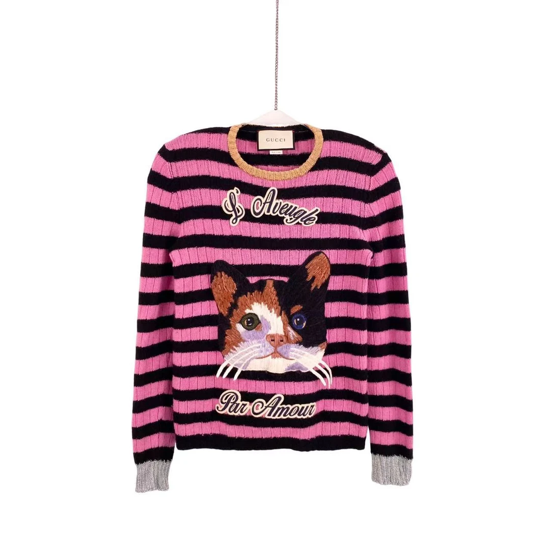 95新 GUCCI/古驰 yd117 山羊绒/羊毛 猫咪刺绣条纹针织 M码 98新