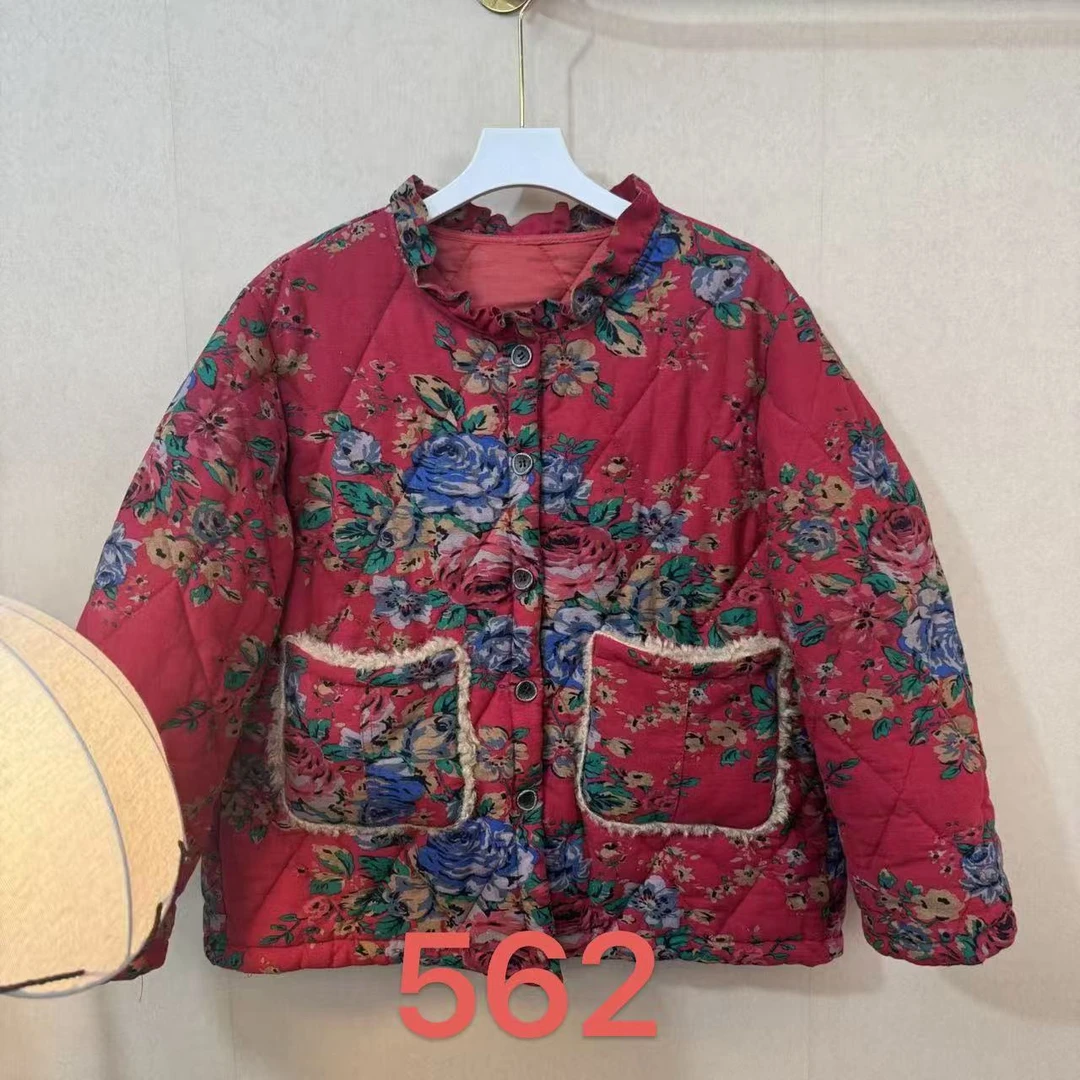 562-女冬季新款木耳领东北大花绗棉开衫复古加厚保暖显瘦棉上衣