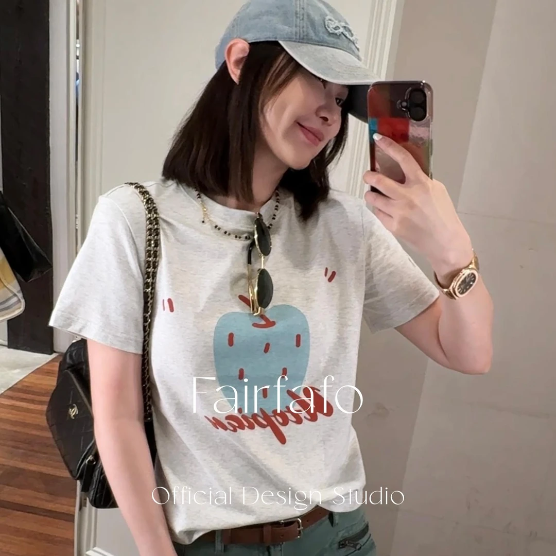 【趣味苹果印花短袖】TXCL55056夏季新款爆款韩系明星同款T恤