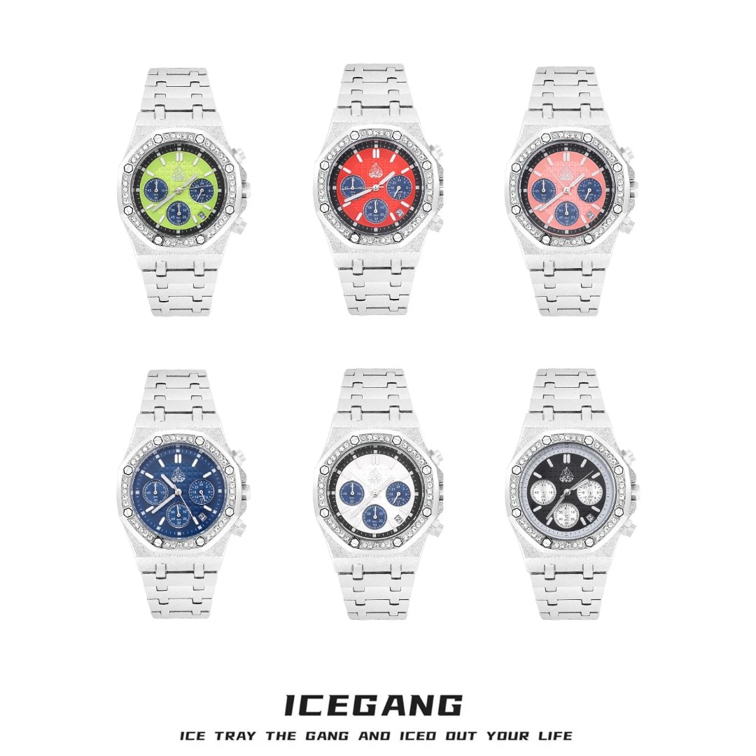 ICEGANG磨砂霜金三眼华夫格腕表老钱风石英圈钻手表时尚潮流个性