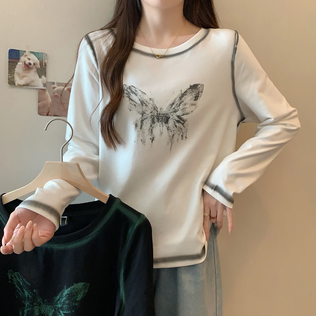 清【涵胖胖】2024秋季长袖t恤胖mm设计感蝴蝶印花上衣63522【B】