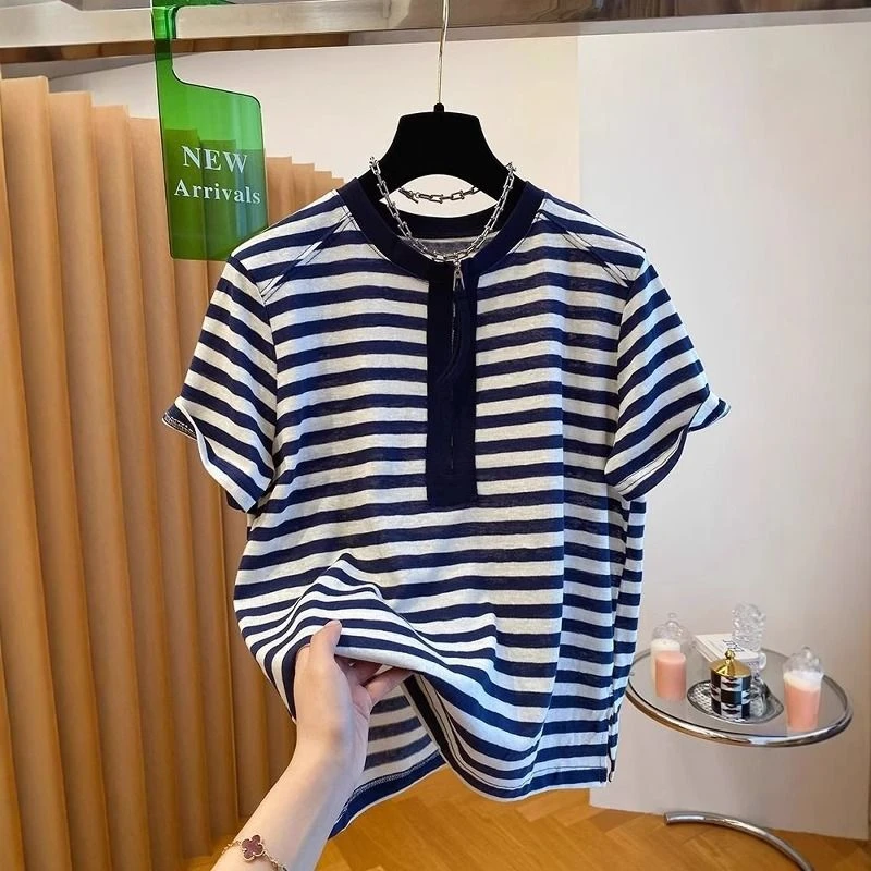 大码女装2-300斤半拉链条纹t恤女短袖夏季设计感小众宽松圆领上衣