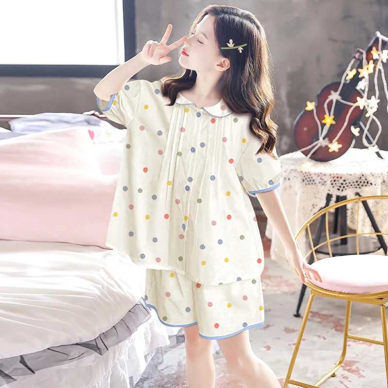 短袖女童夏季睡衣薄款短裤套装可外穿翻领开衫少女风亲子家居服
