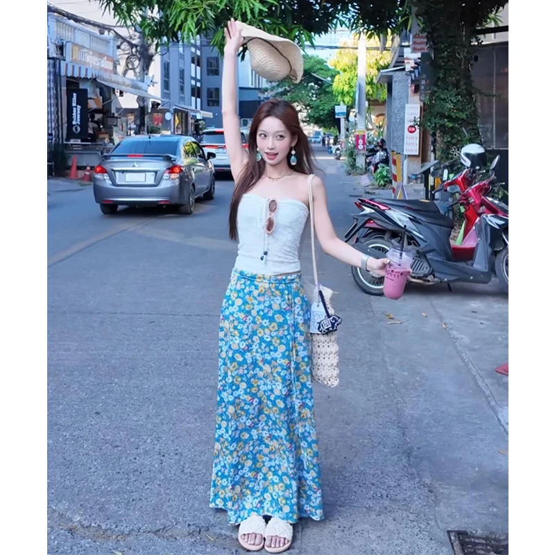 蓝色碎花半身裙女夏季穿搭多巴胺掐腰长裙子包臀a字半裙2025新款