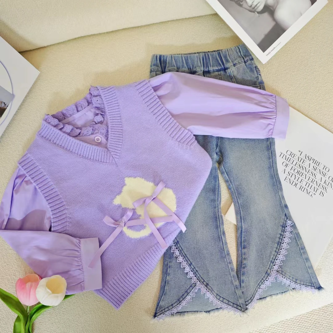 女童春秋款套装2025新款儿童装洋气中童毛线马甲牛仔裤套装