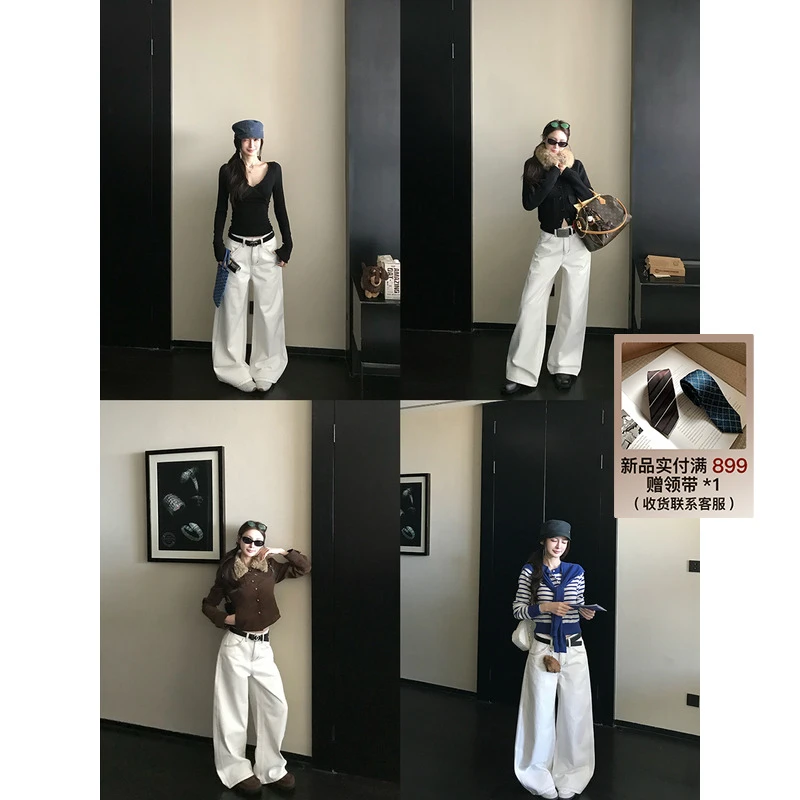 SKK"摩登白牛仔"低调内敛老钱 红色明线慵懒显瘦白色直筒牛仔裤