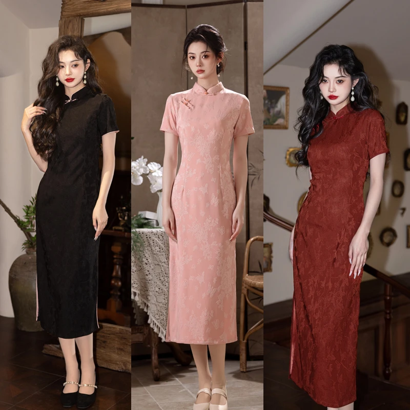 《绮梦》2025春夏新款弹力修身提花新中式旗袍连衣裙三色可选