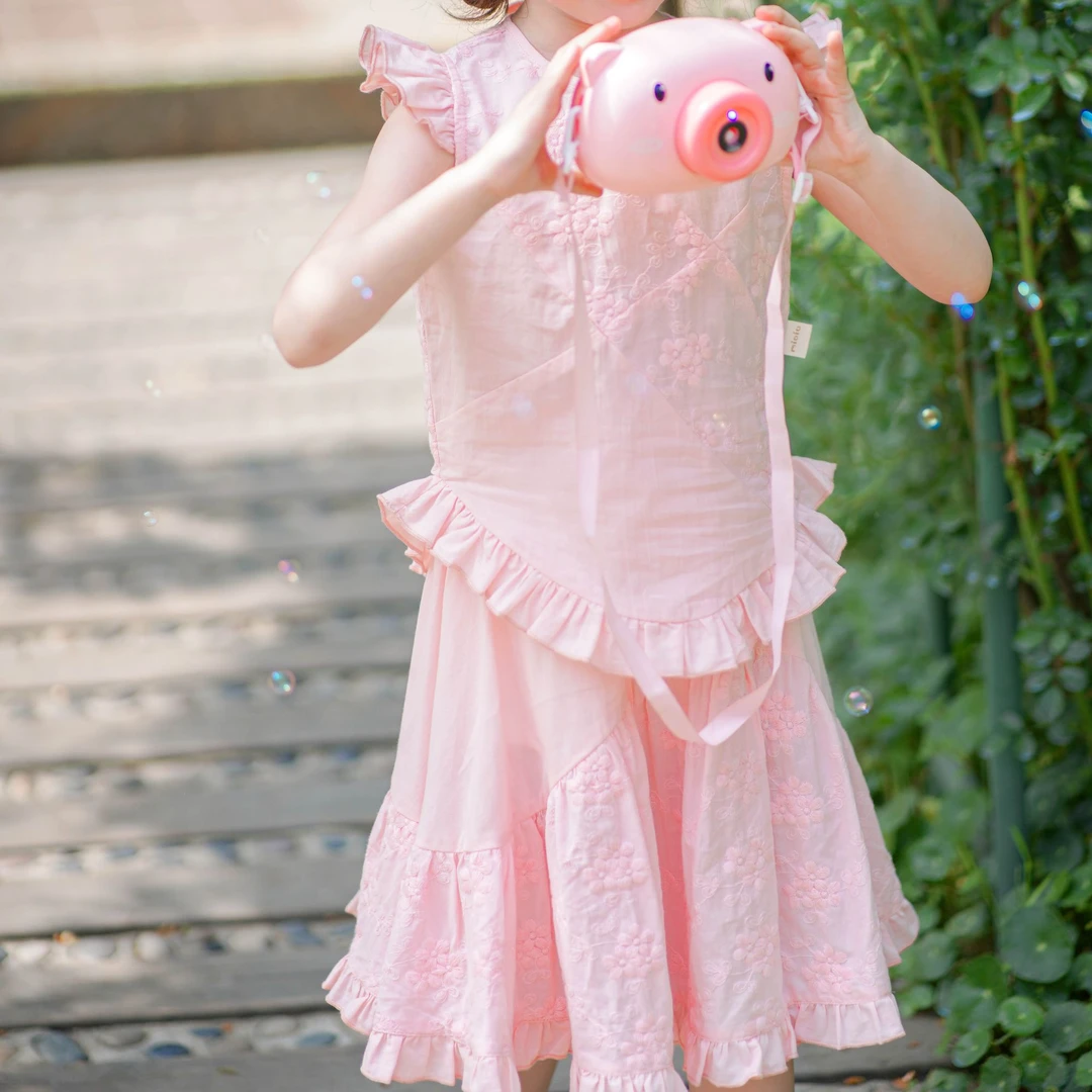 女童夏日C位裙！粉色飞袖款精致刺绣荷叶边小区玩耍亲子出游超吸睛