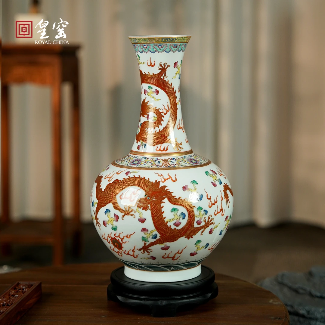景德镇手绘花瓶描金龙纹赏瓶瓷客厅电视柜插花博古架陶摆件