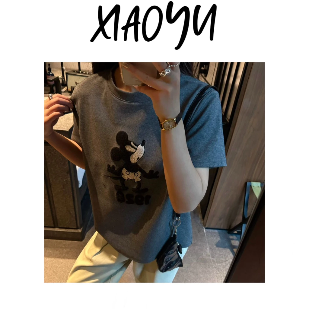 【仰头老鼠】S韩系重工毛巾绒刺绣老鼠圆领短袖T恤百搭显瘦短袖