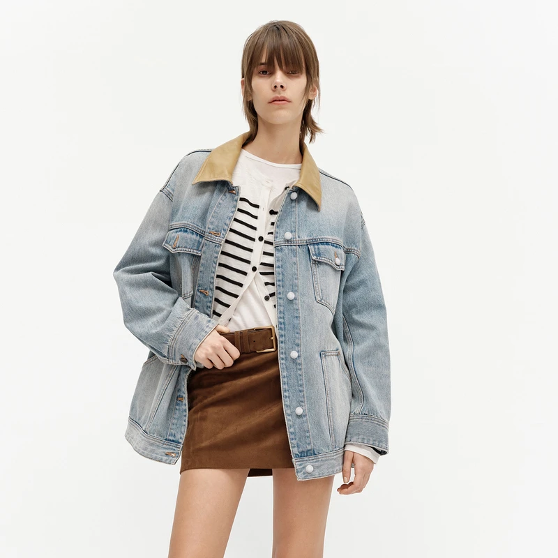 MOCO夹克2025春新品棉质素皮领宽松美式复古牛仔外套MBE1JKTT01