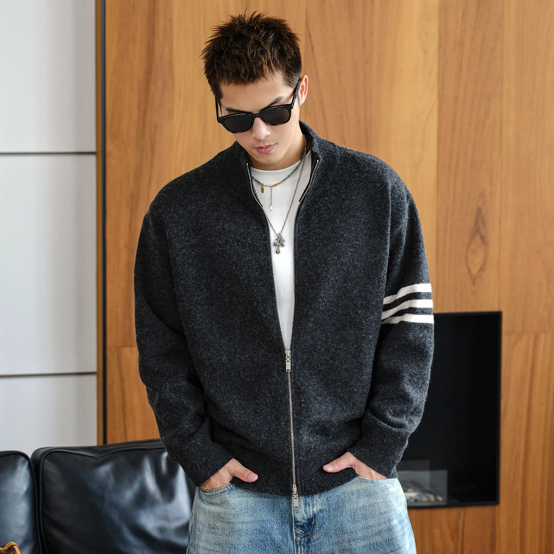 Aft studio639g混纺 三条横双拉链开衫毛衣男秋冬休闲针织衫外套