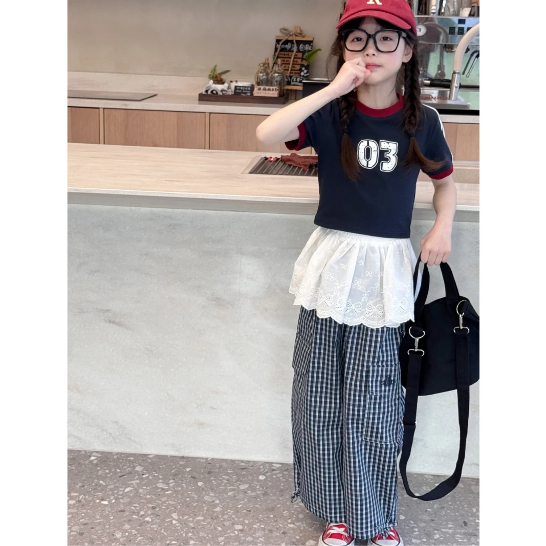 韩版女童装儿童中大童夏季休闲甜酷风短袖T恤蕾丝屁帘棉麻工装裤