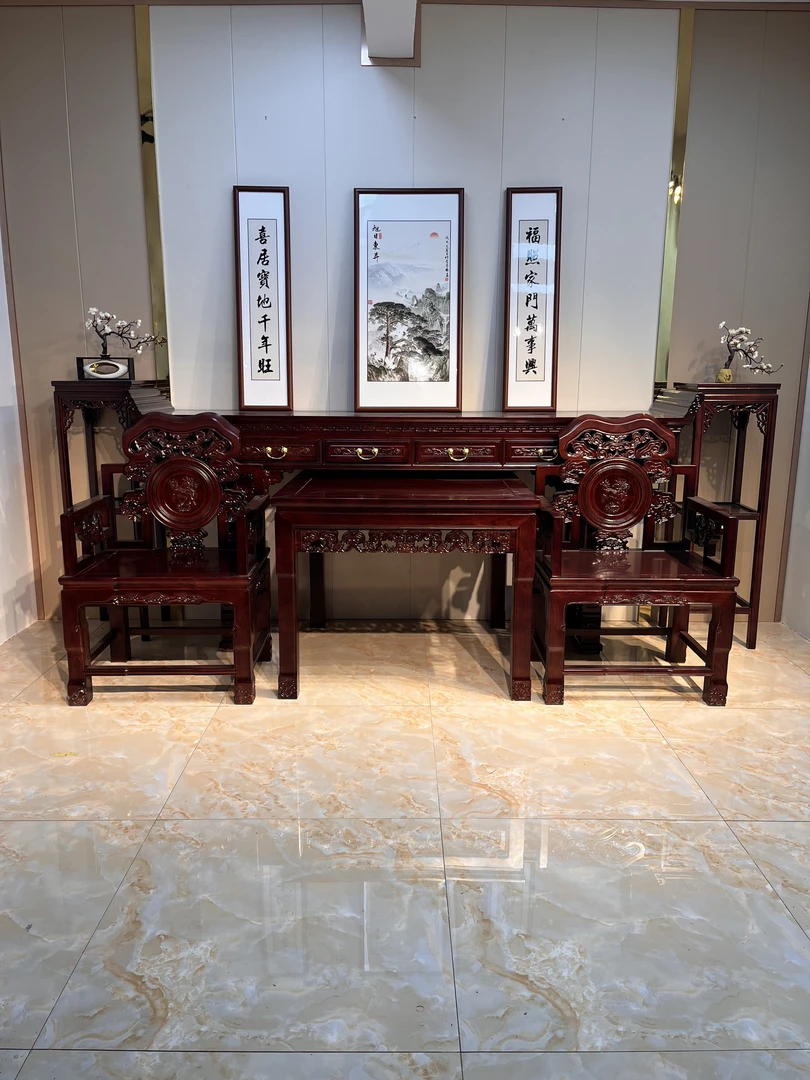 全实木北方老榆木中堂六件套堂屋条案八仙桌供桌神台家用榫卯结构