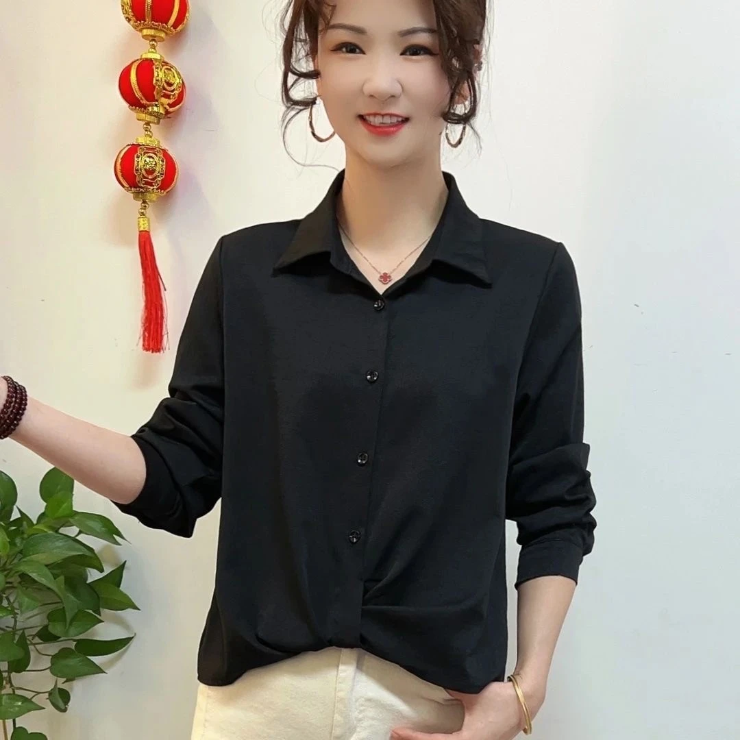 秋季长袖衬衫女气质翻领衬衣法式设计感捏褶显瘦短款上衣40-50岁