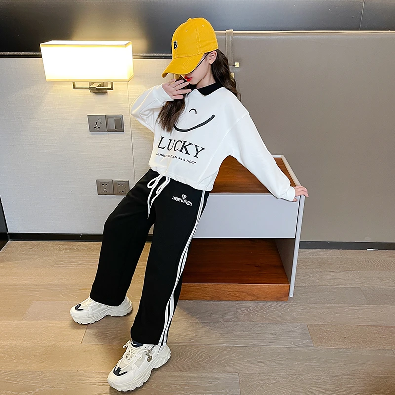 女童休闲运动套装早秋季网红中大童学院风休闲运动阔腿裤两件套