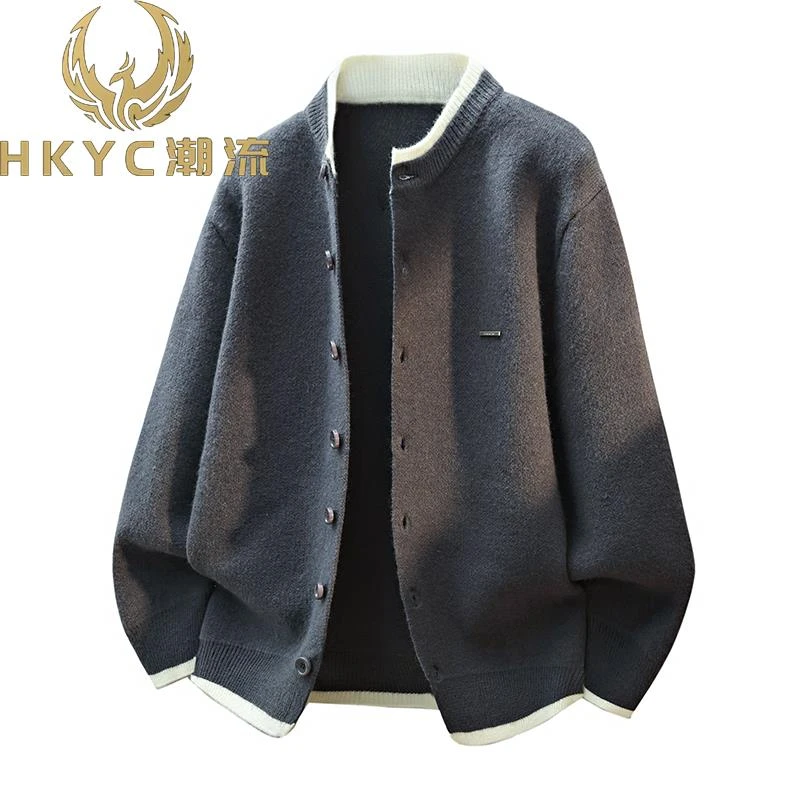 HKYC秋冬季新款毛衣外套男士假两件圆领针织开衫带钮扣线衣夹克