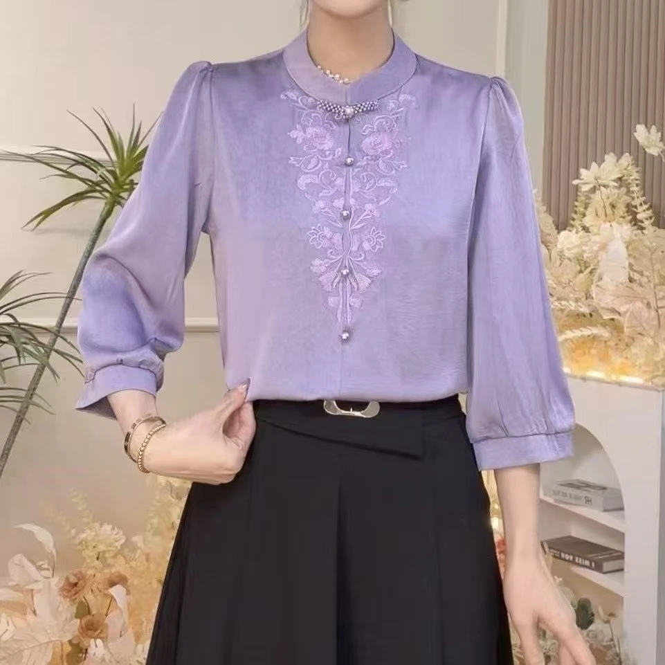 2025立领新款时尚盘扣显瘦气质上衣七分洋气百搭衬衫#8903