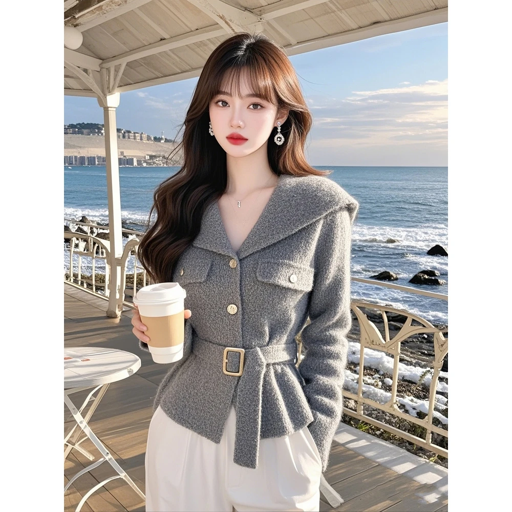 2024秋季韩系穿搭独特超好看针织上衣设计感小众气质外穿灰色毛衣